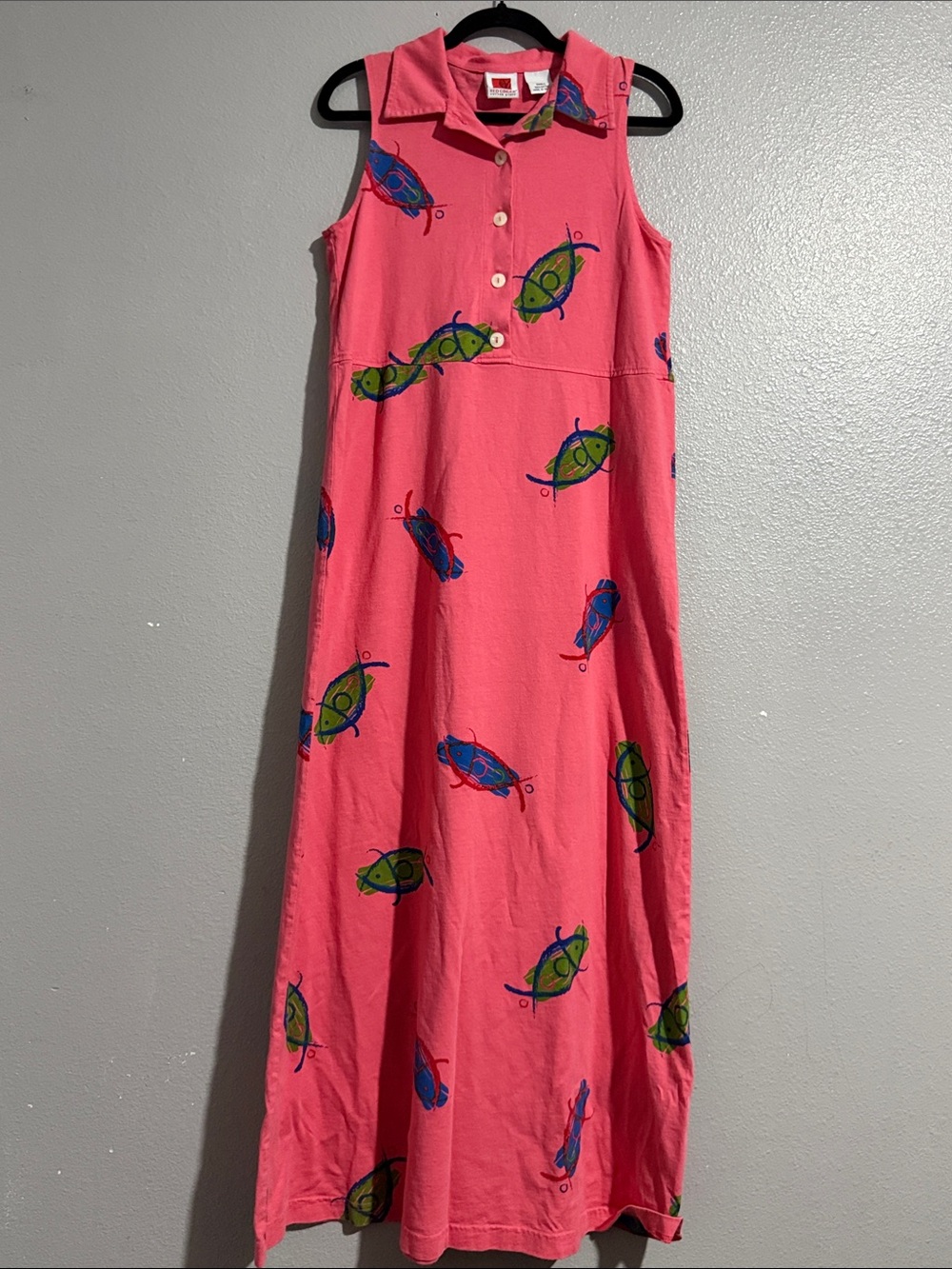 Vintage Red Ginger Sleeveless Pink Maxi Dress with fish Print